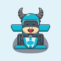 personagem de desenho animado de mascote de búfalo fofo andando de carro de corrida vetor