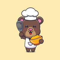 personagem de desenho animado de mascote de chef de urso fofo com massa de bolo vetor