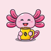 ilustração de mascote de desenho animado axolotl bonito com café quente vetor