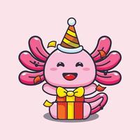 ilustração de mascote de desenho animado axolotl bonito na festa de aniversário. vetor