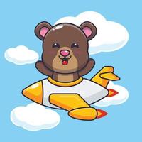 passeio de personagem de desenho animado de mascote de urso fofo no jato de avião vetor