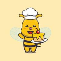 personagem de desenho animado de mascote de chef de abelha bonito com bolo vetor