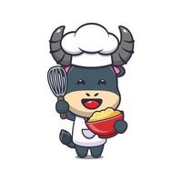 personagem de desenho animado de mascote de chef de búfalo bonito com massa de bolo vetor