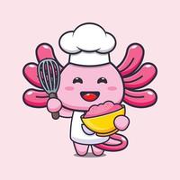 personagem de desenho animado de mascote chef axolotl bonito com massa de bolo vetor