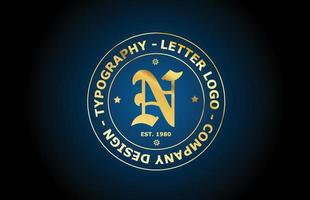 ouro n design de ícone do logotipo da letra do alfabeto vintage. modelo criativo para etiqueta e crachá em estilo dourado vetor