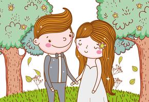 homem e mulher com flores e folhas de árvores vetor