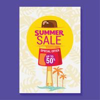 Ilustração de venda de verão com fundo de picolé, praia e folhas tropicais vetor