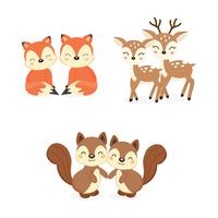 Conjunto de animais da floresta casal fofo. Raposas, cervos, desenhos animados dos esquilos. vetor