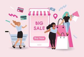 mulheres felizes com compras no celular pagam com cartão de crédito. compras on-line em uma loja on-line em um site ou aplicativo móvel. conceito vetorial adora fazer compras. design para banner de venda, marketing digital. vetor