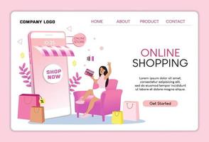 mulheres felizes com compras no celular pagam com cartão de crédito. compras on-line em uma loja on-line em um site ou aplicativo móvel. conceito vetorial adora fazer compras. design para banner de venda, marketing digital. vetor