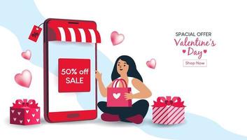 mulheres felizes com compras no celular pagam com cartão de crédito. compras on-line em uma loja on-line em um site ou aplicativo móvel. conceito vetorial adora fazer compras. design para banner de venda, marketing digital. vetor