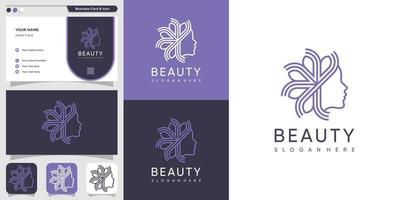 logotipo de beleza para mulher com estilo de arte de linha e modelo de design de cartão de visita, folha, mulher, beleza, rosto, arte de linha, design premium