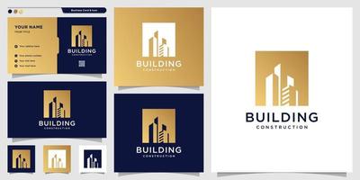 logotipo de construção com novo estilo de arte de linha de conceito e modelo de design de cartão de visita, construção, construção, imobiliário, novo conceito, vetor premium
