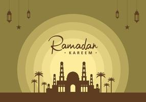 fundo de ramadan kareem com lanterna, estrelas, palmeiras e grande mesquita. vetor