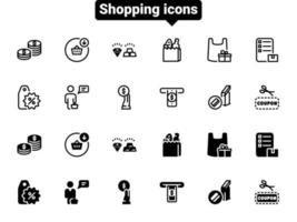 conjunto de ícones do vetor preto, isolados contra um fundo branco. ilustração plana em uma compra temática de mercadorias para vários fins