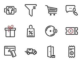 conjunto de ícones do vetor preto, isolados contra um fundo branco. ilustração em uma loja online temática, seleção de mercadorias e entrega