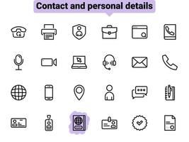 conjunto de ícones do vetor preto, isolados contra um fundo branco. ilustração plana em um contato de tema e dados pessoais. linha, contorno, traço