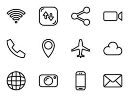 conjunto de ícones do vetor preto, isolados contra um fundo branco. ilustração plana em ícones de um tema web para computador, telefone, tablet, laptop. linha, contorno, traço