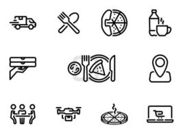 conjunto de ícones do vetor preto, isolados contra um fundo branco. ilustração plana em uma entrega de pizza temática em casa