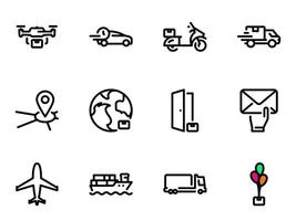conjunto de ícones do vetor preto, isolados contra um fundo branco. ilustração em um serviço temático para entrega de mercadorias