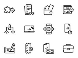 conjunto de ícones do vetor preto, isolados contra um fundo branco. ilustração sobre um tema instrumentos fiscais e pagamentos