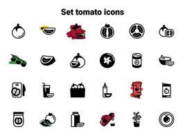 conjunto de ícones do vetor preto, isolados contra um fundo branco. ilustração plana em um tema de tomate, fatia, inteira, apetitosa. preencher, glifo