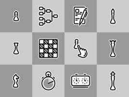 conjunto de ícones do vetor preto, isolados contra um fundo branco. ilustração sobre um tema os principais elementos das competições de xadrez