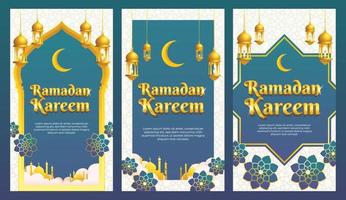 conjunto de modelo de cartão de saudação ramadan kareem de estilo islâmico de ouro azul, plano de fundo, banner e mídia social vetor