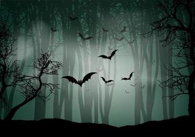 fundo de halloween com morcegos de paisagem de floresta nebulosa