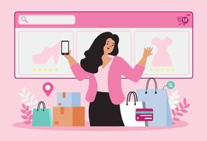 mulheres felizes com compras no celular pagam com cartão de crédito. compras on-line em uma loja on-line em um site ou aplicativo móvel. conceito vetorial adora fazer compras. design para banner de venda, marketing digital. vetor