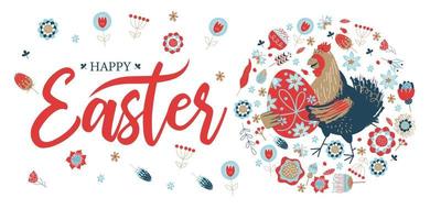 Feliz Páscoa. banner de páscoa colorido com flores da primavera e uma galinha alegre com um ovo de páscoa. vetor