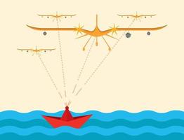 controlando a partir de um navio no mar com radar e sensores de controle. ícone de uav colorido. tecnologia de aviação militar drone guerra moderna. é mostrado de forma moderna como um veículo aéreo não tripulado. vetor