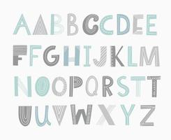alfabeto infantil com elementos desenhados à mão em estilo escandinavo. letras funky para cartazes, berçário, fonte, design de letras. ilustração vetorial isolada no fundo. vetor