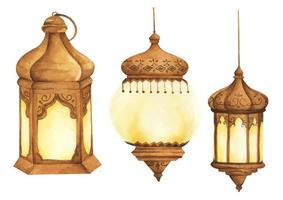 conjunto de lanternas árabes tradicionais. ilustração em aquarela. vetor