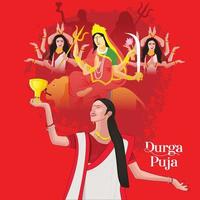 ilustração do rosto da deusa durga para feliz navratri, casal jogando garba e dandiya na celebração navratri e noite de discoteca vetor