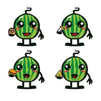 conjuntos de melancia de coleção segurando comida. ilustração em vetor de mascote de personagem de desenho animado estilo simples. isolado no fundo branco. conceito de pacote de ideia de logotipo de mascote melancia personagem fofo