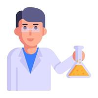 pessoa e frasco químico denotando conceito de ícone plano de técnico de laboratório vetor