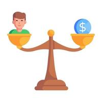 balança de equilíbrio, pessoa e dinheiro, um conceito de ícone plano de patrimônio vetor