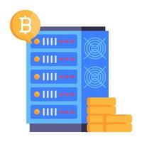 servidor e bitcoin, ícone plano de rack de bitcoin vetor