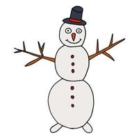 linha fina sorridente doodle boneco de neve com chapéu e cenoura isolado no branco. contorno preto. vetor