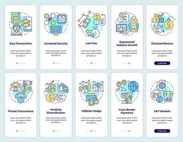 conjunto de tela de aplicativo móvel de integração de adoção de criptomoeda. passo a passo de criptografia digital 5 etapas páginas de instruções gráficas com conceitos lineares. ui, ux, modelo de gui. uma miríade de fontes regulares pró-negrito usadas vetor