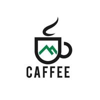 xícara de logotipo de design de café quente. fundo de montanhas na ilustração vetorial morning.icon.symbol vetor