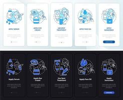 rotina de cuidados com a pele modo noite e dia integrando a tela do aplicativo móvel. Health walkthrough 5 passos páginas de instruções gráficas com conceitos lineares. ui, ux, modelo de gui. inúmeras fontes pró-negrito e regulares usadas vetor