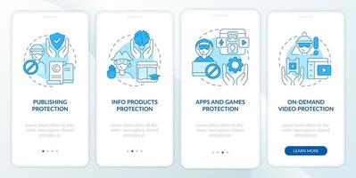proteção de direitos autorais na tela da página do aplicativo móvel. info produtos segurança passo a passo 4 passos instruções gráficas com conceitos. modelo de vetor ui, ux, gui com ilustrações coloridas lineares