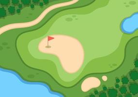 jogando golfe com bandeiras, terra de areia, bunker de areia e equipamentos em plantas verdes de quintal ao ar livre em ilustração de fundo plano de desenho animado vetor