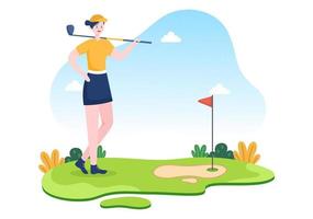 jogando golfe com bandeiras, terra de areia, bunker de areia e equipamentos em plantas verdes de quintal ao ar livre em ilustração de fundo plano de desenho animado vetor