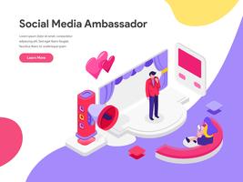 Molde da página da aterrissagem do social Media Ambassador Illustration Concept. Conceito de design plano isométrico de design de página da web para o site e site móvel. vetor