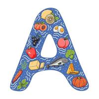 ilustração desenhada à mão de fontes de vitamina a. frutas, legumes, ervas, alimentos. ilustração vetorial em estilo doodle em forma de letra a