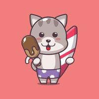 personagem de mascote de desenho animado gato fofo com prancha de surf segurando gelo vetor