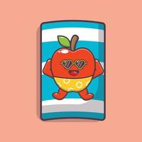 personagem de mascote de desenho animado de maçã fofa em óculos de sol dormindo na praia vetor